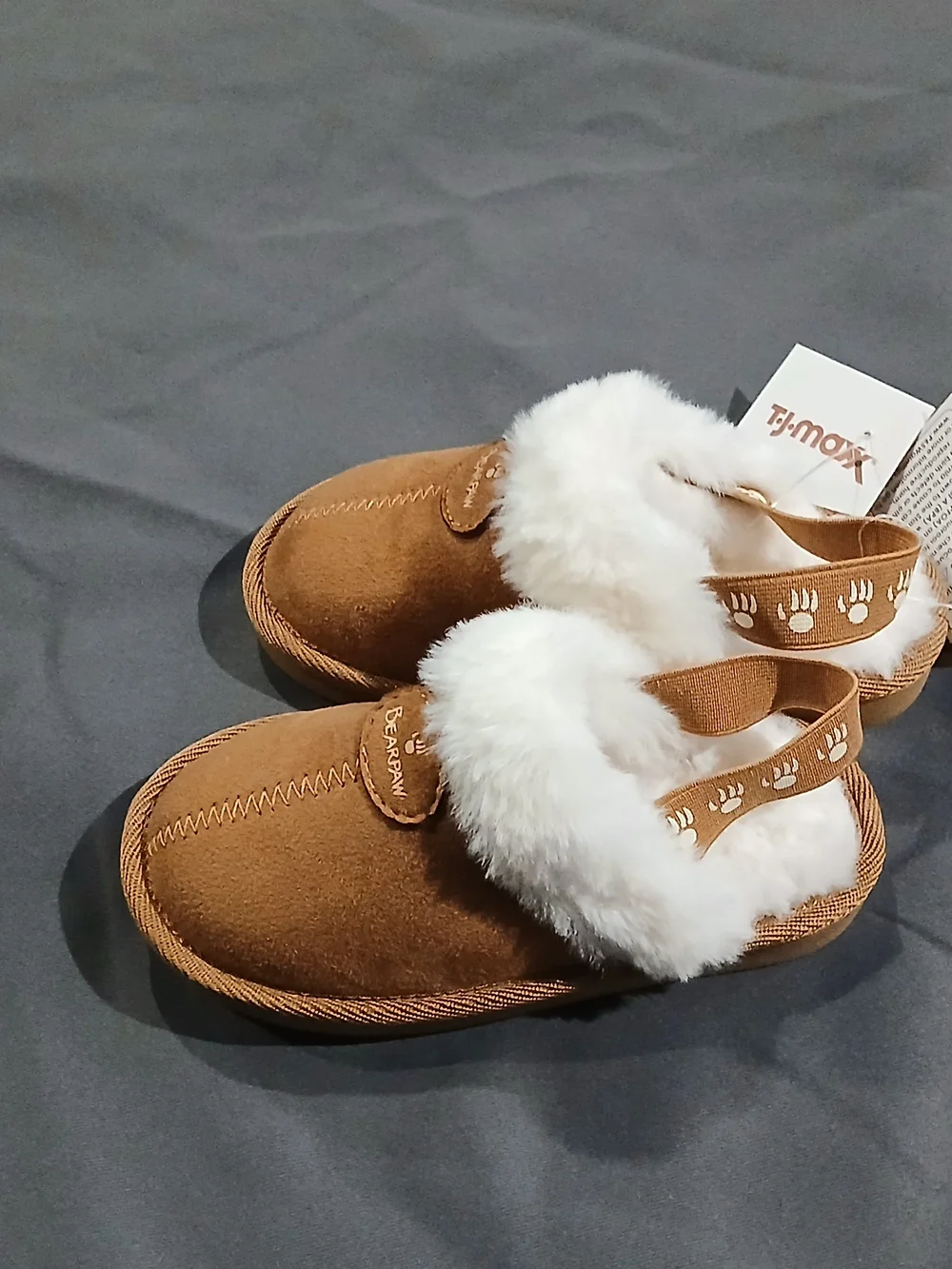 BEARPAW Brown Suede Shearling Clog Slippers with White Fur Trim